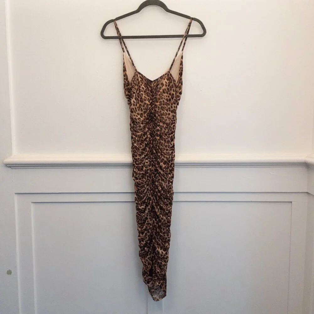 Black Bead Leopard Print Ruched Maxi Slip Dress Made in USA Size Small - Picture 3 of 5